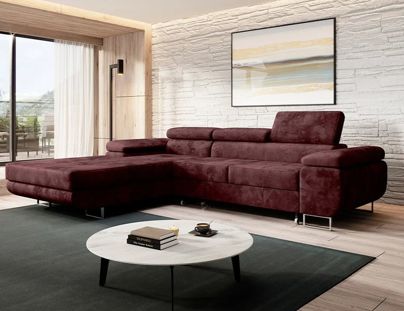 NORBERG Corner Sofa in luxurious velvet fabric, elegant design with automatic unfolding mechanism in modern living space.