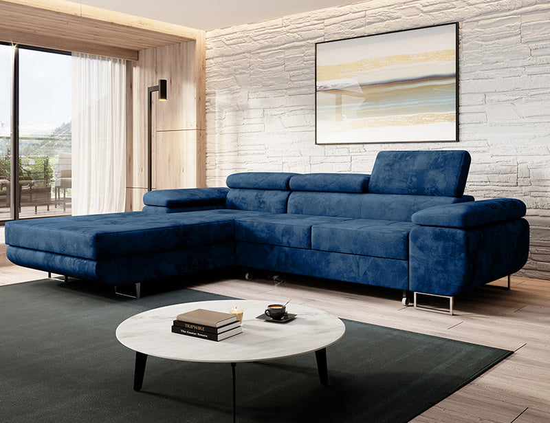 NORBERG Corner Sofa Bed in luxurious blue velvet fabric.