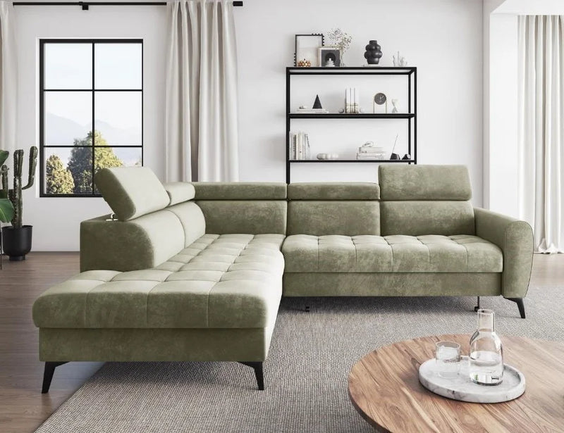 BJORN L modern corner sofa bed in green velour fabric with adjustable headrests and quilted seats.