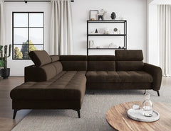 Modern Bjorn L corner sofa bed in velour fabric with adjustable headrests.