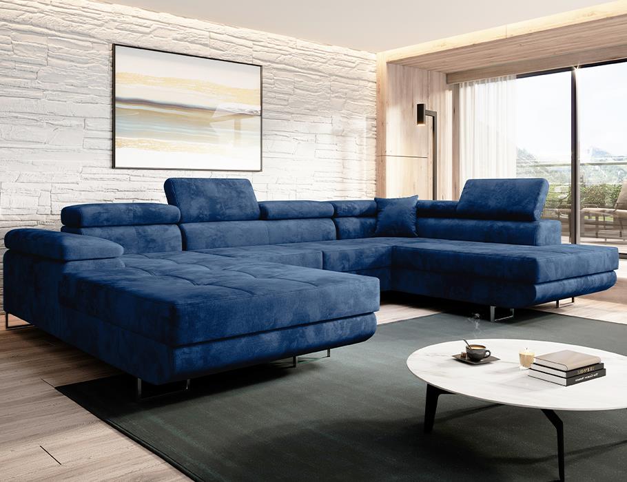 Luxury blue VARBERG Corner Sofa U-shape in modern living room setting.
