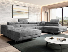 VARBERG Corner Sofa U-shape in gray velvet with headrests and fold-out design in modern living room.