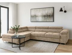 AVESTA Corner Sofa Bed in beige Aragon chenille fabric with storage, modern L-shaped design in living room