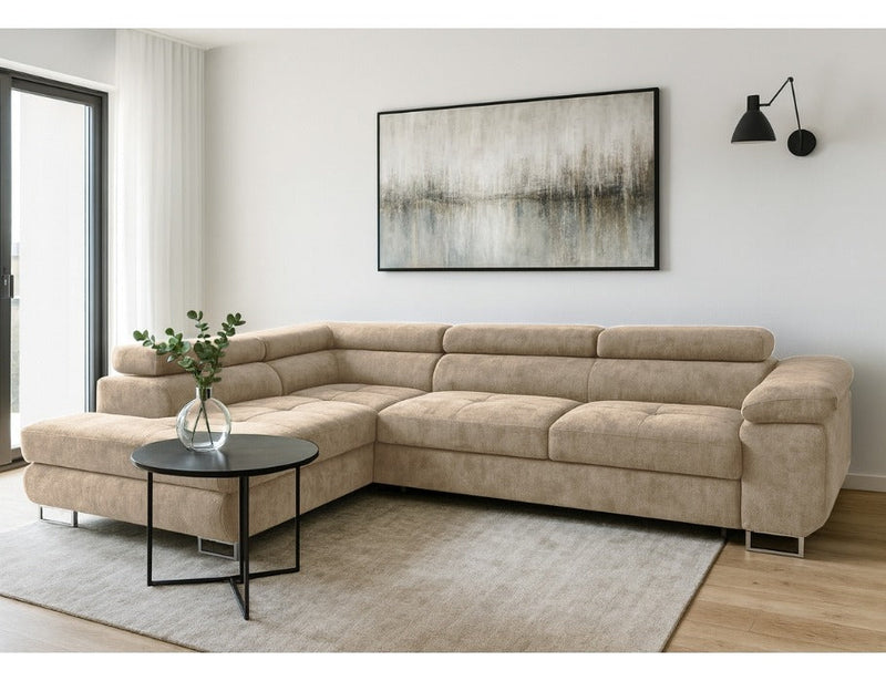 AVESTA Corner Sofa Bed in beige Aragon chenille fabric with storage, modern L-shaped design in living room