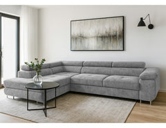 AVESTA Corner Sofa Bed in gray chenille fabric with storage, modern design, and sleeping function in a living room setting