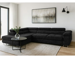 AVESTA Corner Sofa Bed in black chenille fabric with storage and sleeping function in modern living room setting