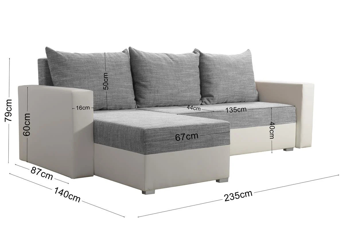 LIVIO Corner Sofa Bed in gray and white with measurements displayed, featuring modern design and ergonomic seating.