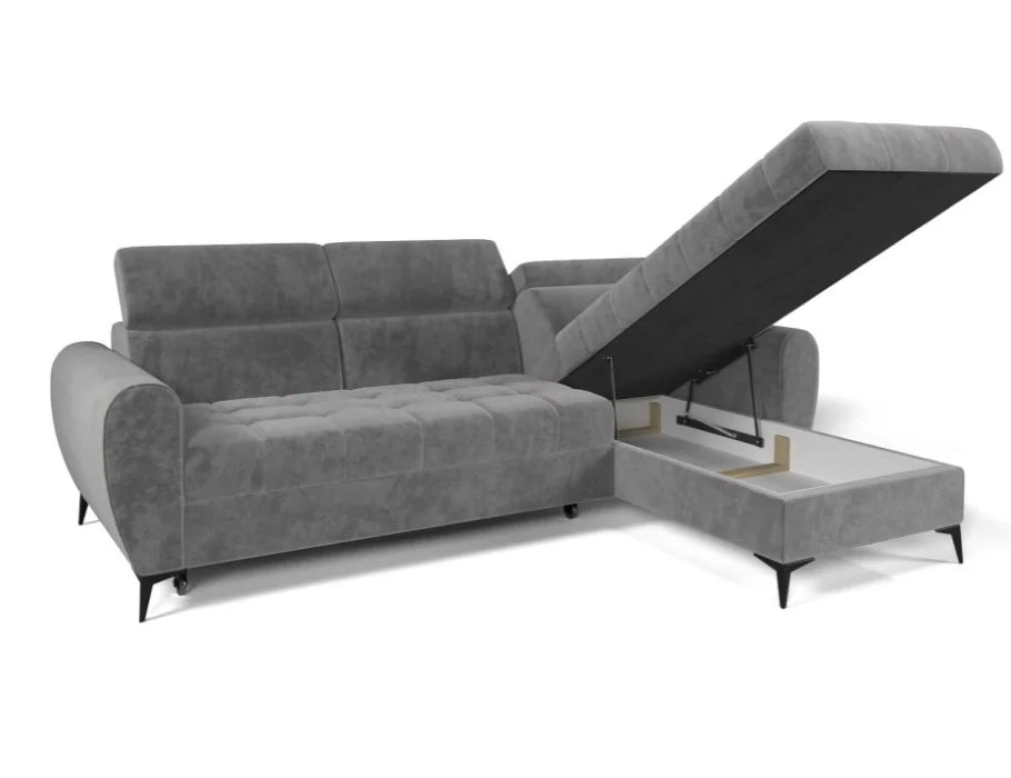 BJORN Corner Sofa Bed in grey velour fabric with adjustable headrests and quilted seats, showing hidden storage.