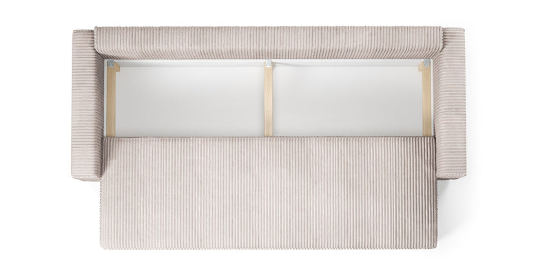 MIMIR Sofa Bed with sleeping function, corduroy fabric, and large bedding container.
