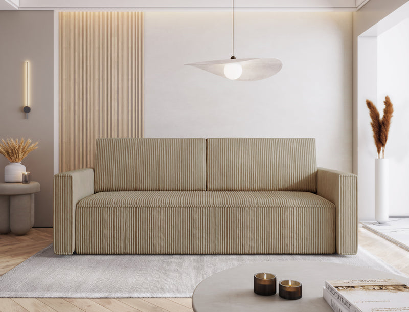 MIMIR Sofa Bed in elegant corduroy fabric in a modern living room setting.