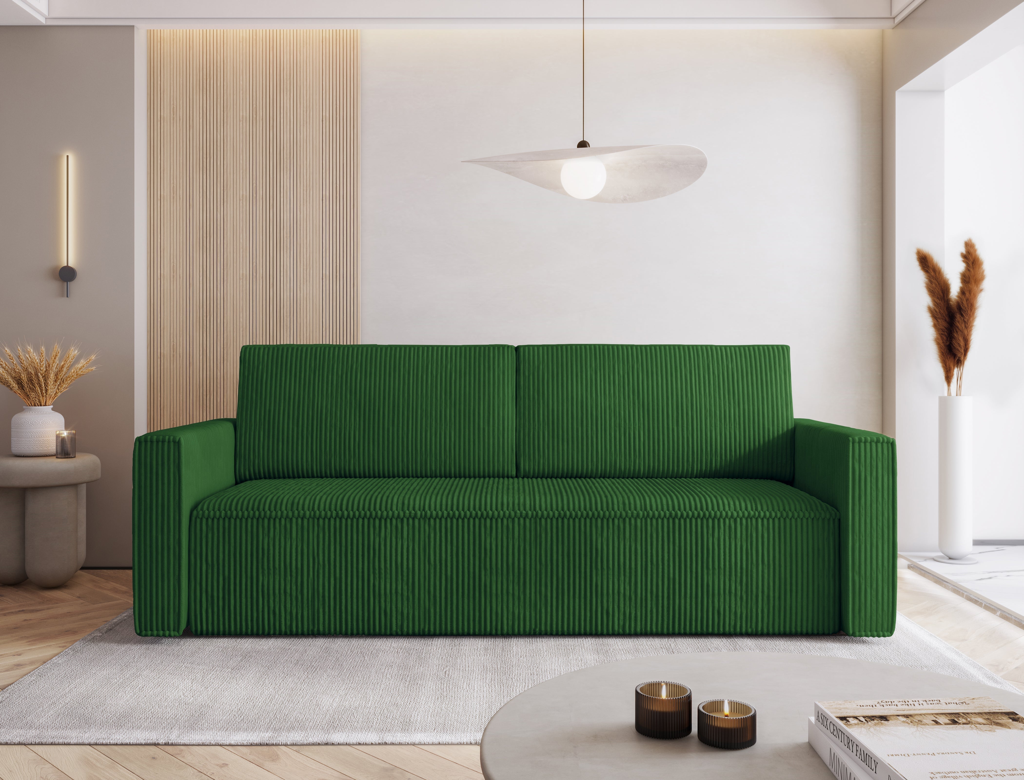 Green MIMIR Sofa Bed in modern living room setting.