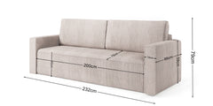 MIMIR Sofa Bed in corduroy fabric with dimensions and folding system.