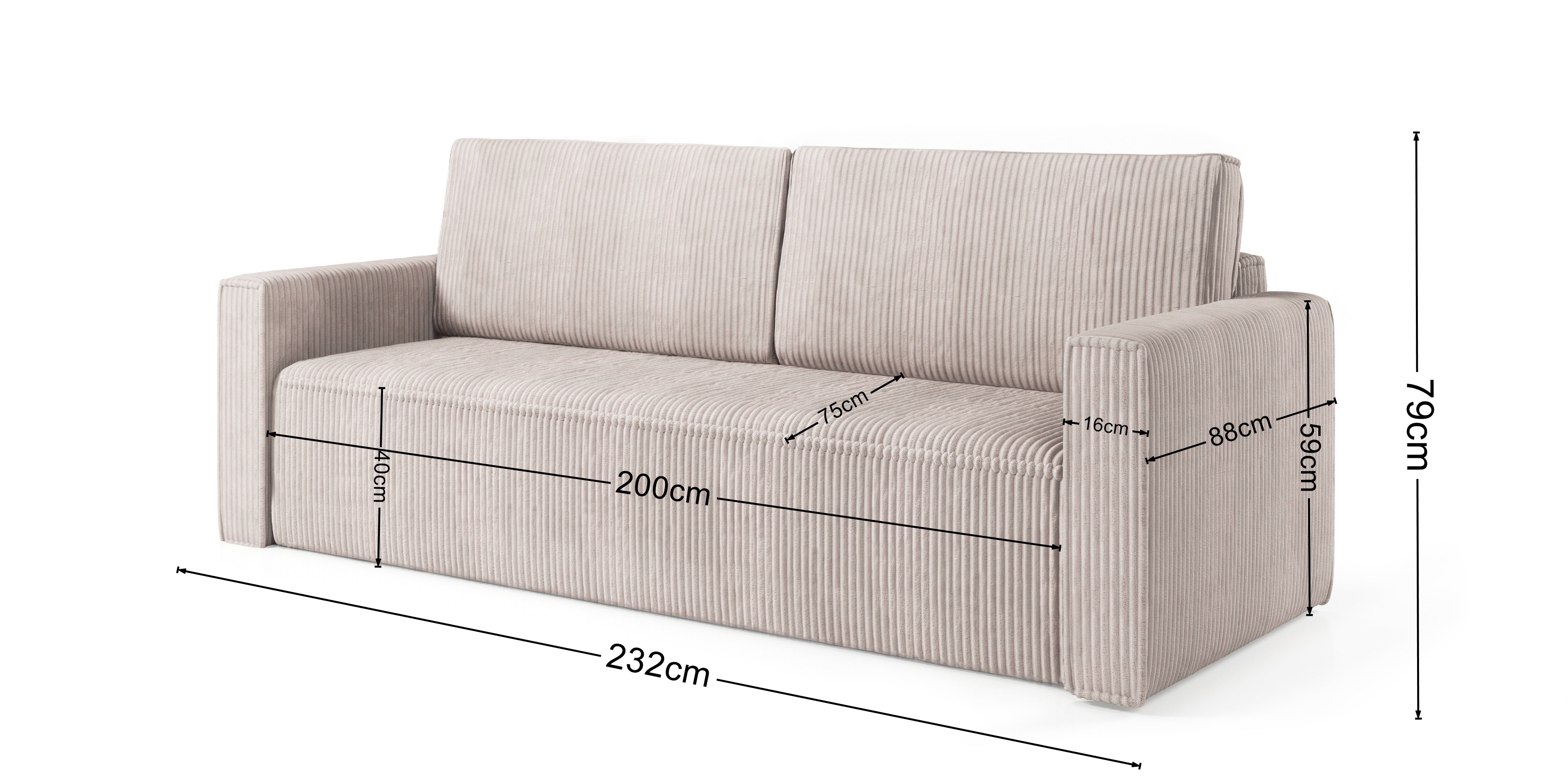 MIMIR Sofa Bed in corduroy fabric with dimensions and folding system.