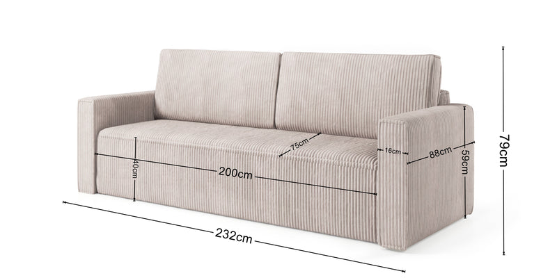 MIMIR Sofa Bed in corduroy fabric with dimensions and folding system.