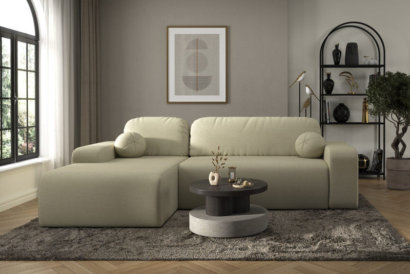 Tori Corner Sofa in beige Cloud fabric with decorative cushions in modern living room setting