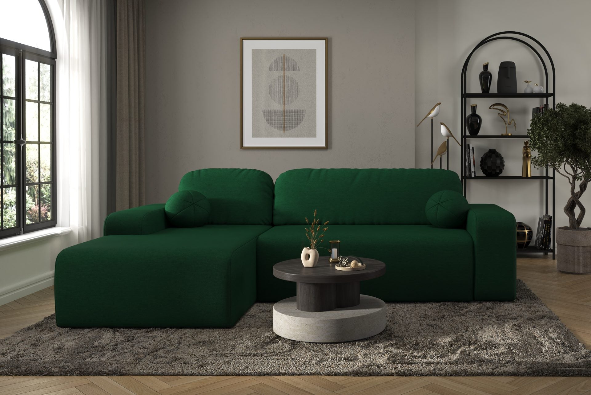 Tori Corner Sofa with dark green Cloud fabric upholstery, decorative cushions, and modern design in a stylish living room setting