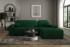 Tori Corner Sofa in green Cloud fabric with chaise, decorative cushions, and modern living room setting