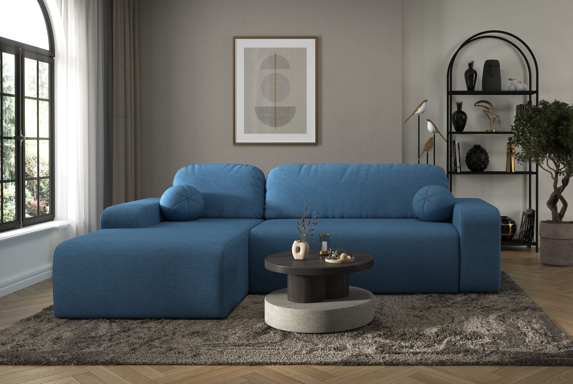 Tori Corner Sofa in blue Cloud fabric with decorative cushions, modern design, storage, and easy clean upholstery in a stylish living room setting
