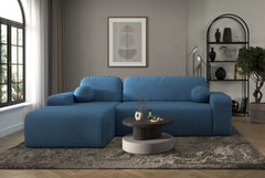 Tori Corner Sofa in blue Cloud fabric with decorative cushions, modern design, storage, and easy clean upholstery in a stylish living room setting