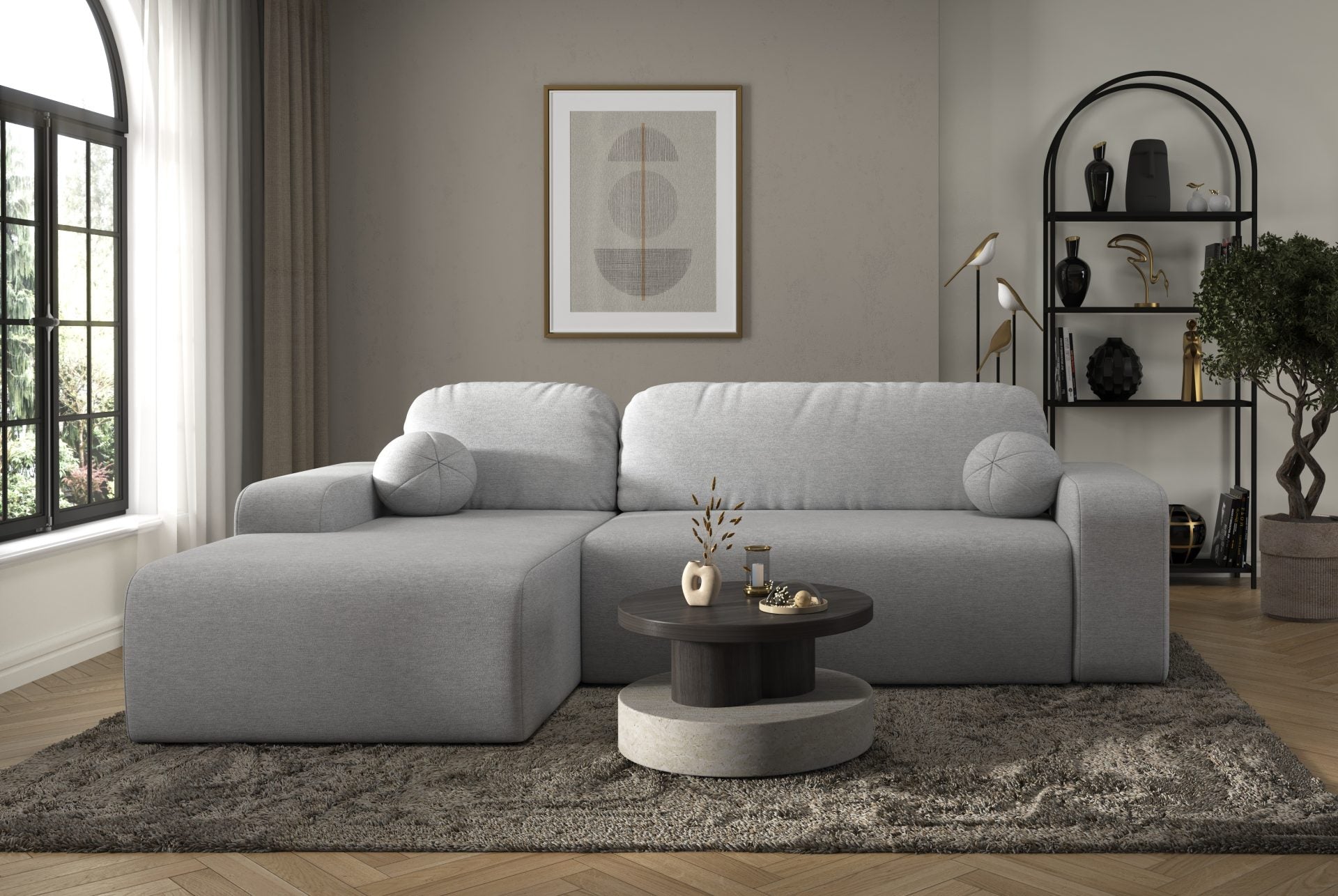 Tori Corner Sofa in modern living room with Cloud fabric upholstery and decorative cushions