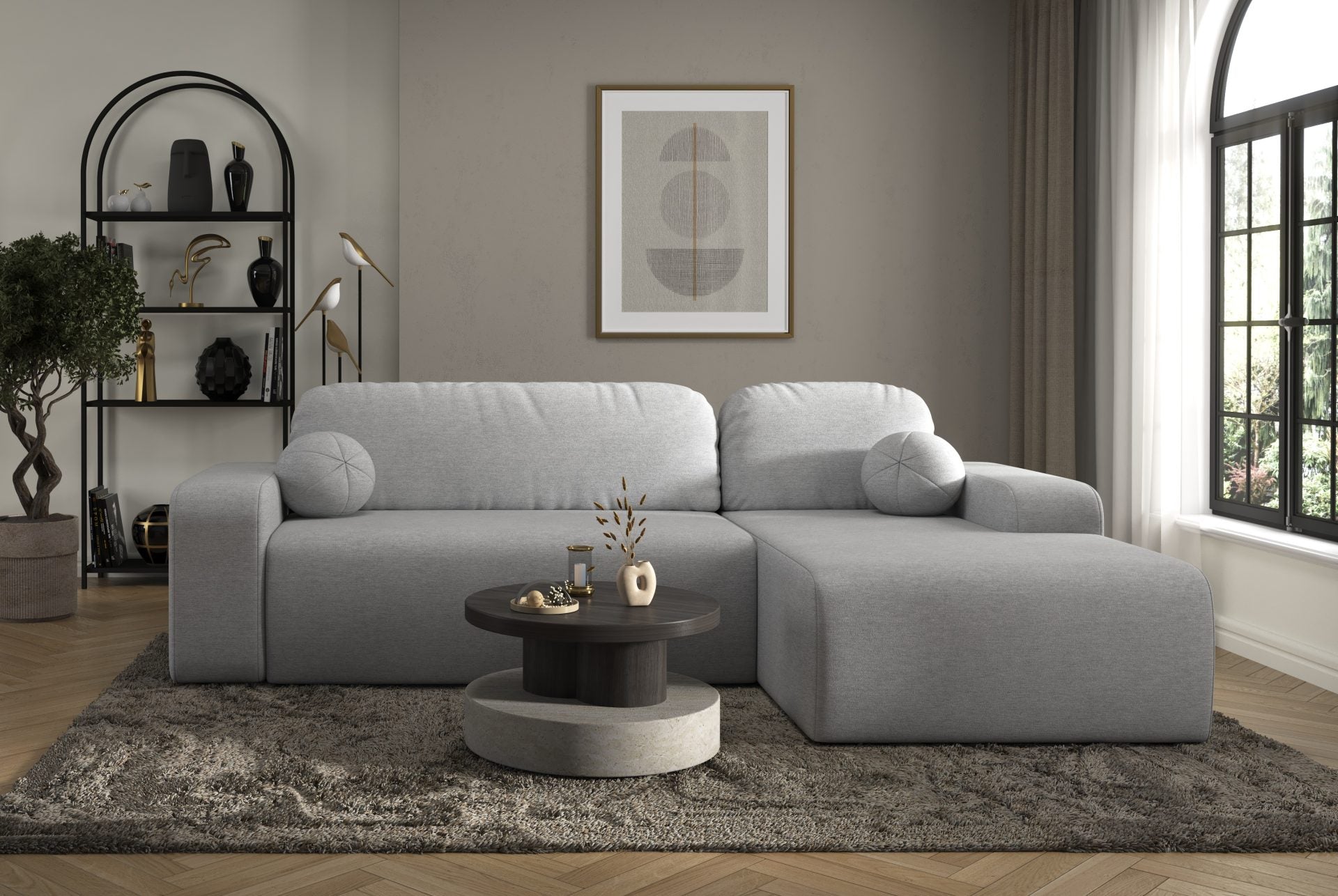 Modern Tori Corner Sofa bed in soft gray Cloud fabric with storage and decorative cushions in stylish living room setting