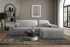 Modern Tori Corner Sofa bed in soft gray Cloud fabric with storage and decorative cushions in stylish living room setting