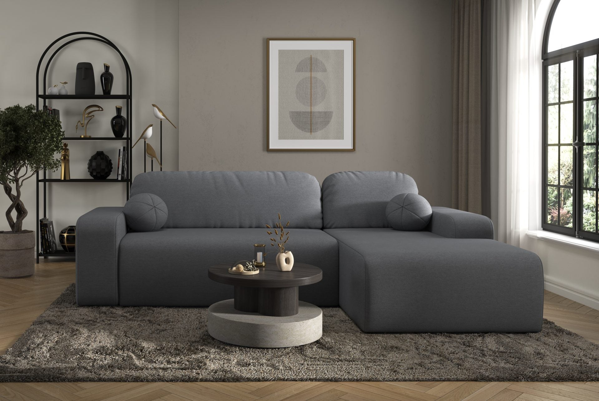 Tori Corner Sofa in dark gray Cloud fabric with chaise, decorative cushions, storage compartment, modern living room setting
