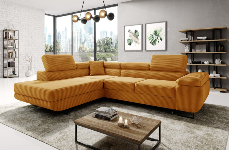 ASTROP Corner Sofa Bed in modern living room with corduroy upholstery.