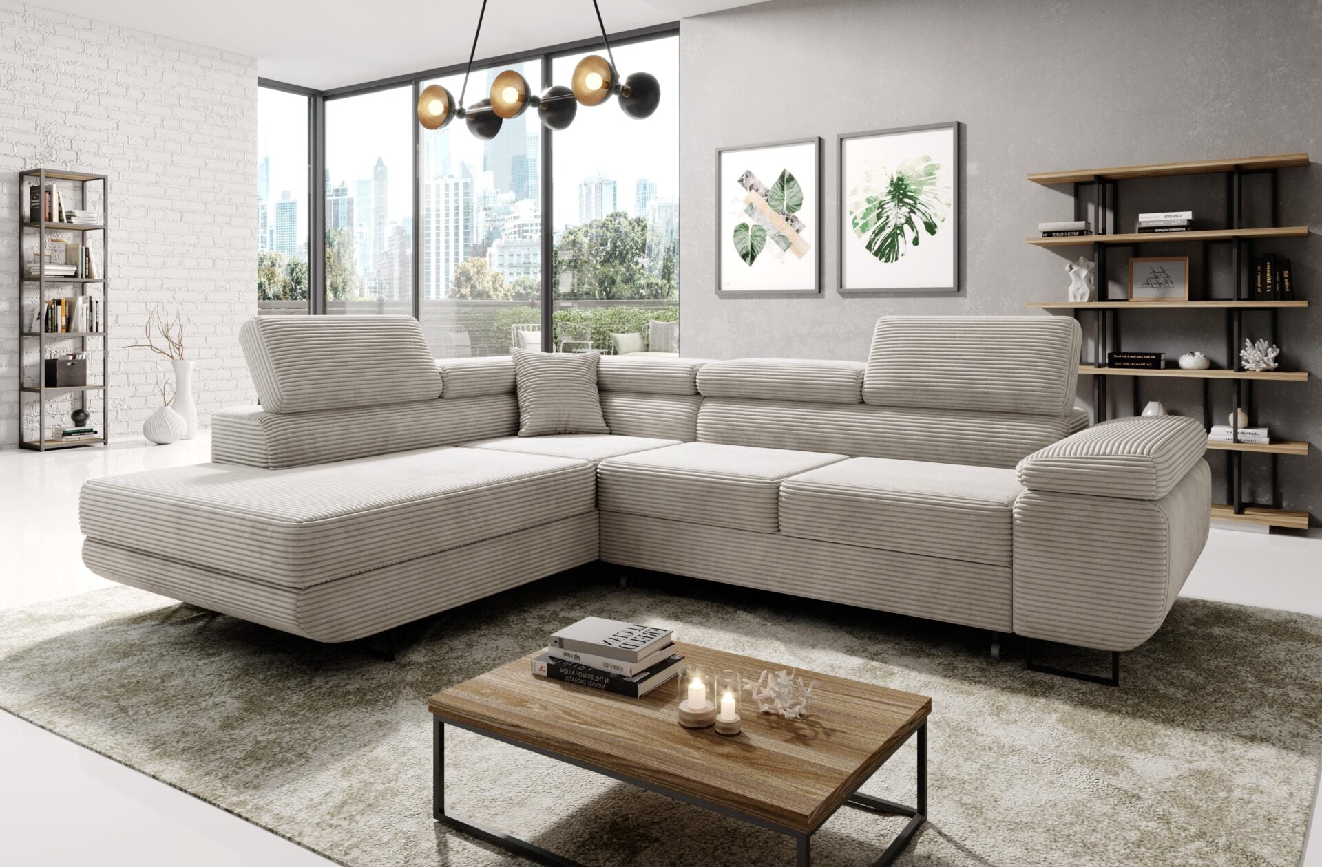 Luxurious ASTROP Corner Sofa Bed in modern living room with corduroy upholstery.