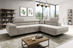 Stylish ASTROP Corner Sofa Bed with soft corduroy upholstery in a modern living room setting.