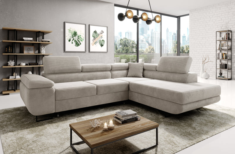 Stylish ASTROP Corner Sofa Bed with soft corduroy upholstery in a modern living room setting.