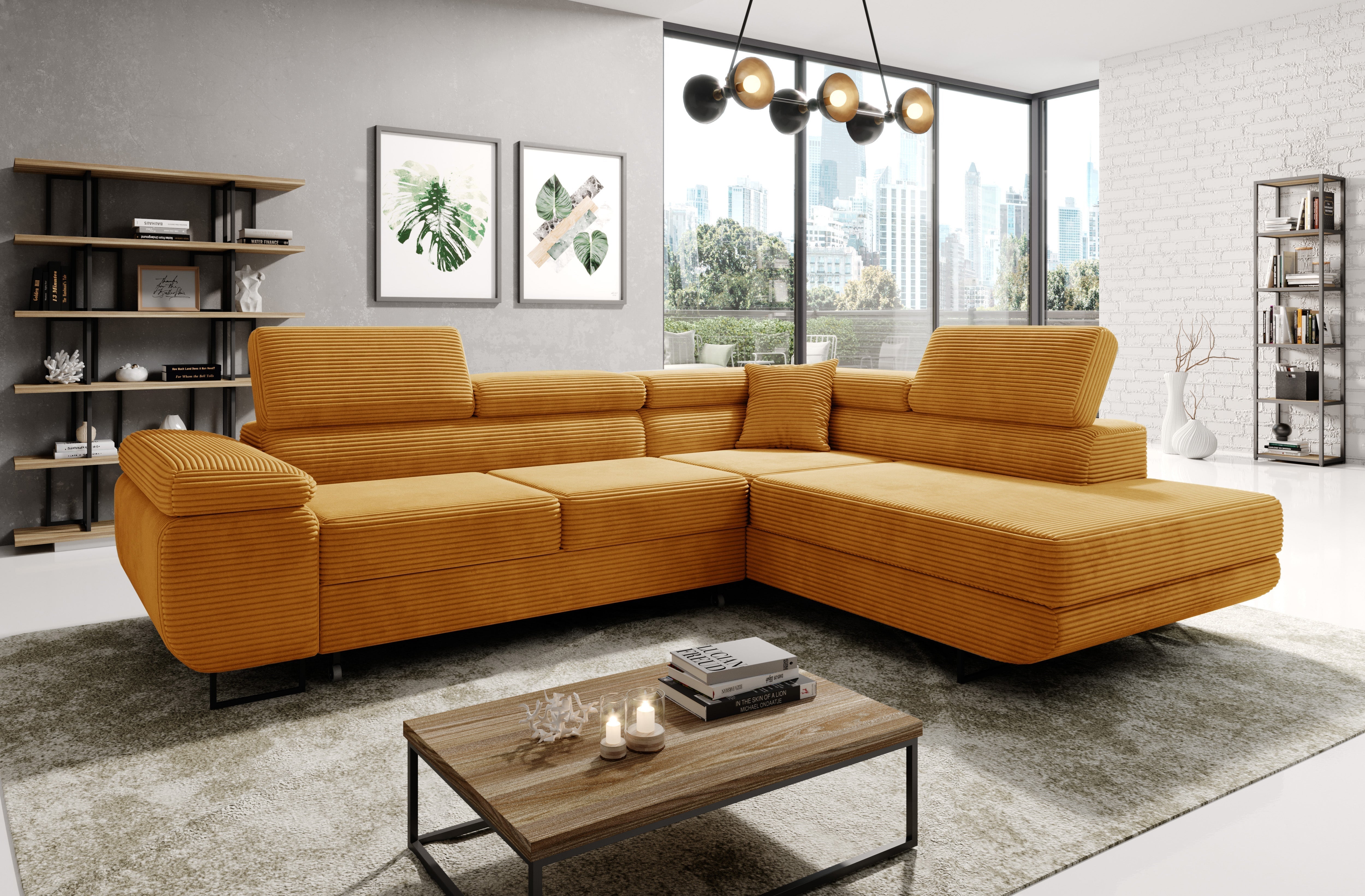 Astorp Corner Sofa Bed in modern mustard corduroy fabric with adjustable headrests in stylish living room setting