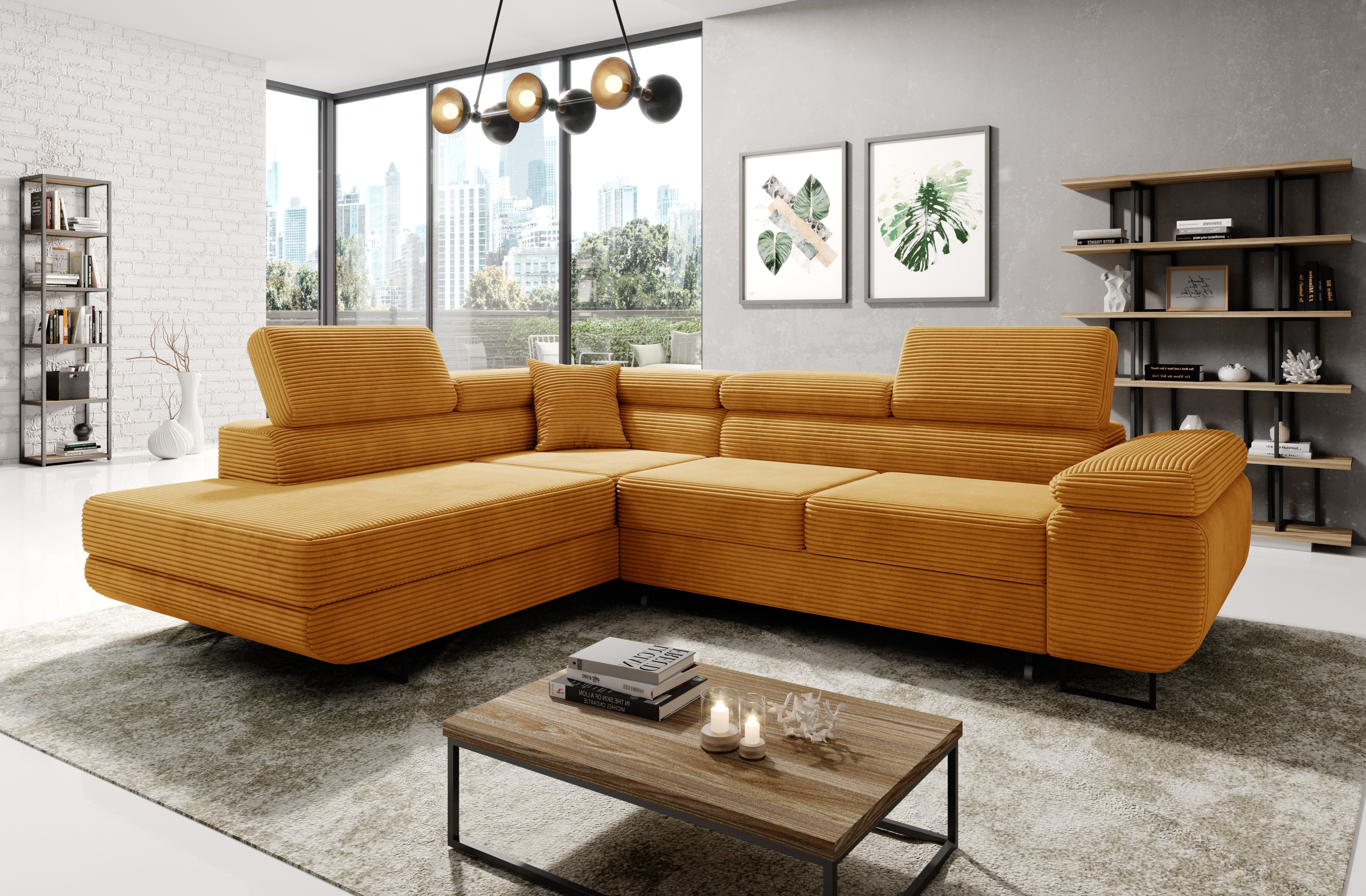 ASTORP Corner Sofa Bed in modern living room with city view and stylish decor.