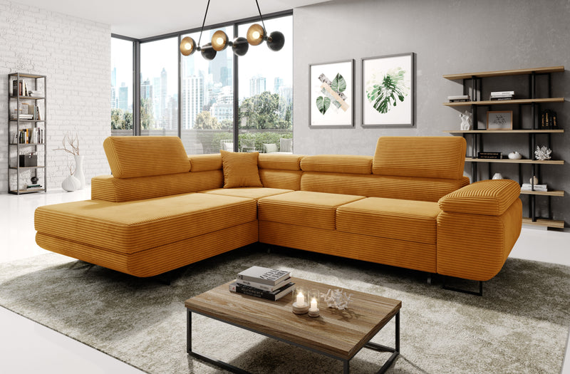 ASTORP Corner Sofa Bed in modern living room with city view and stylish decor.