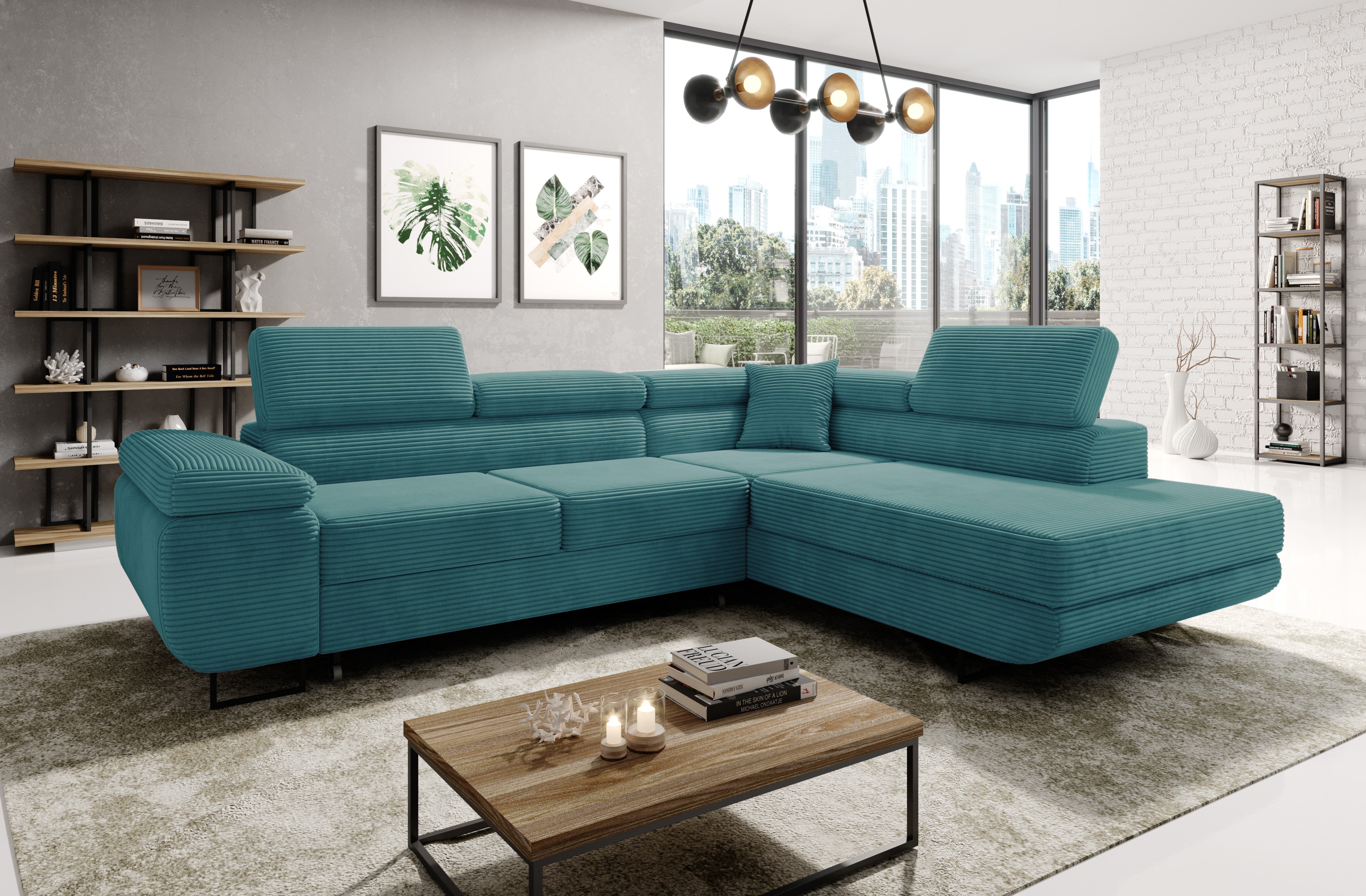 ASTROP Corner Sofa Bed in modern living room with teal corduroy upholstery.