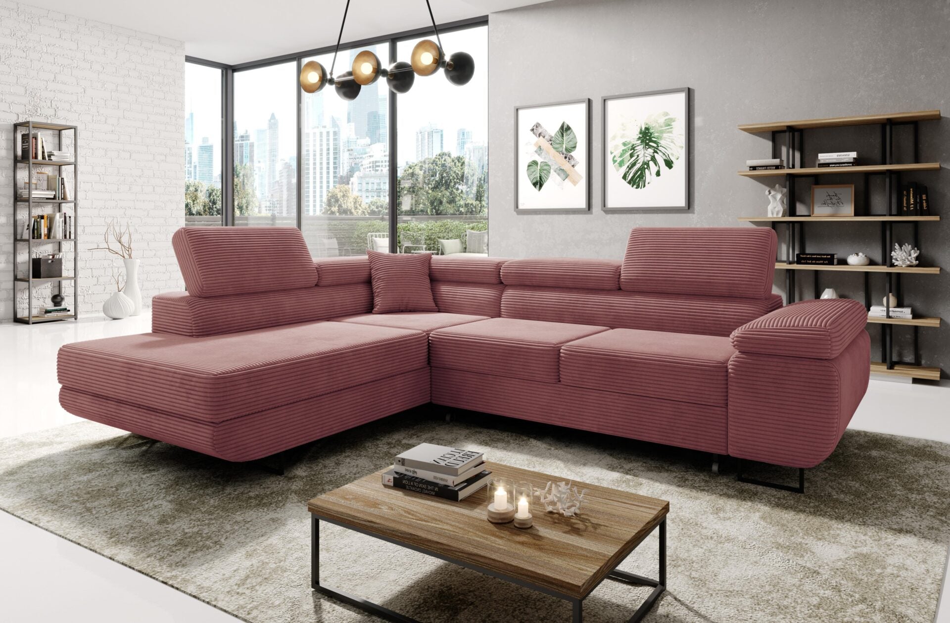 ASTROP Corner Sofa Bed with corduroy upholstery in modern living room.
