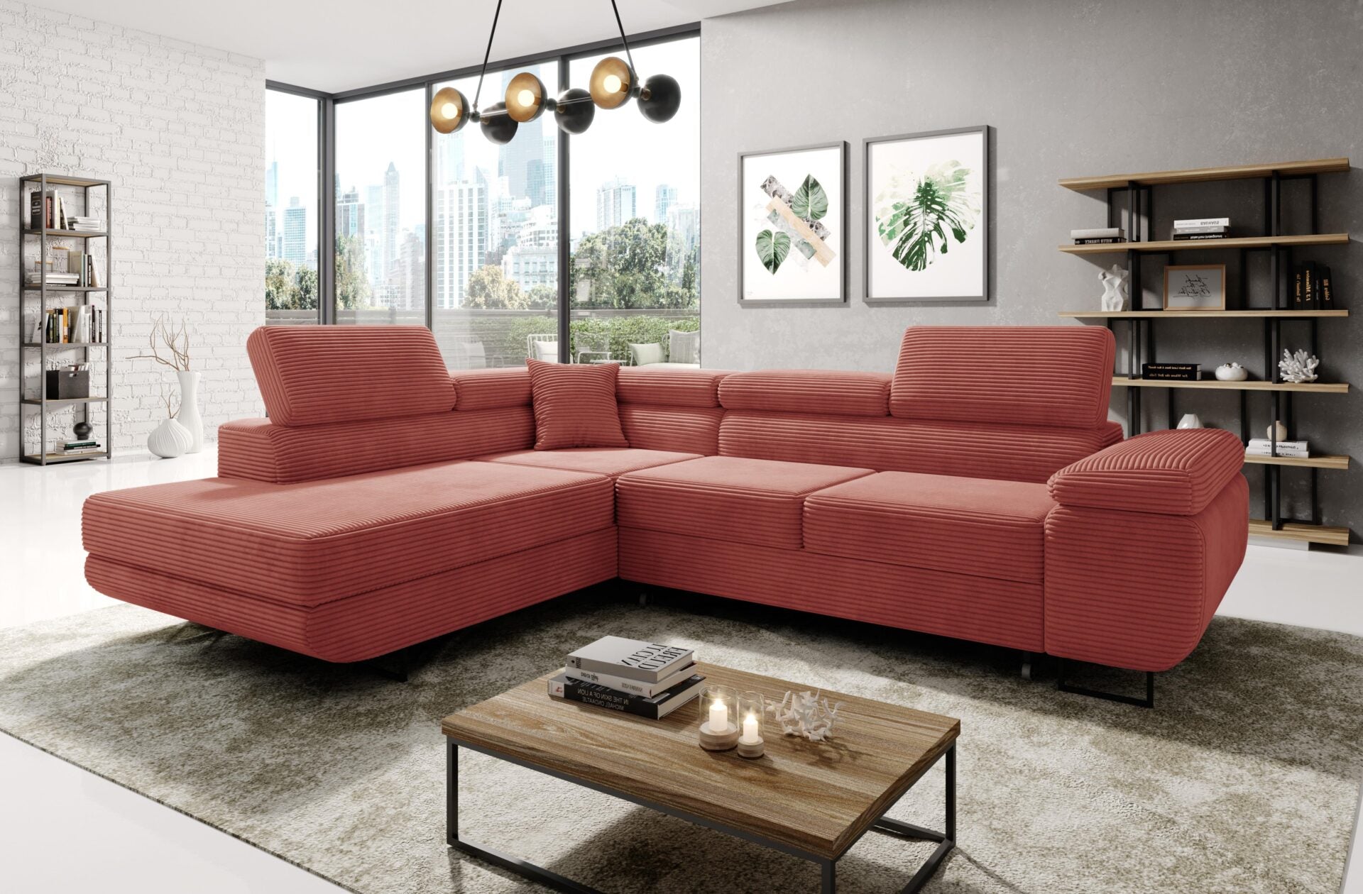 Elegant ASTROP Corner Sofa Bed in a modern living room setting with corduroy upholstery.
