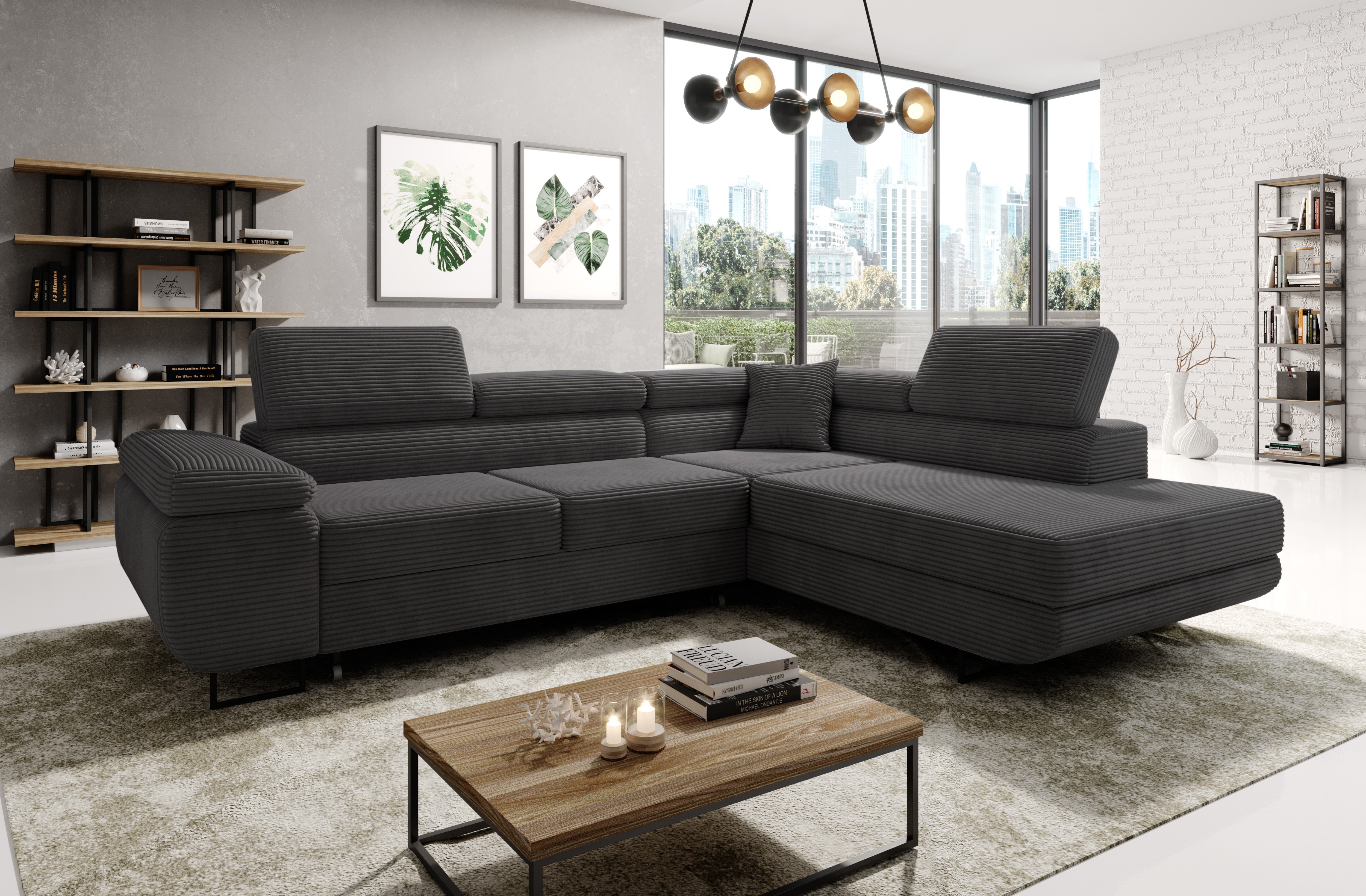 Astorp Corner Sofa Bed in modern gray corduroy fabric with adjustable headrests in a stylish living room setting