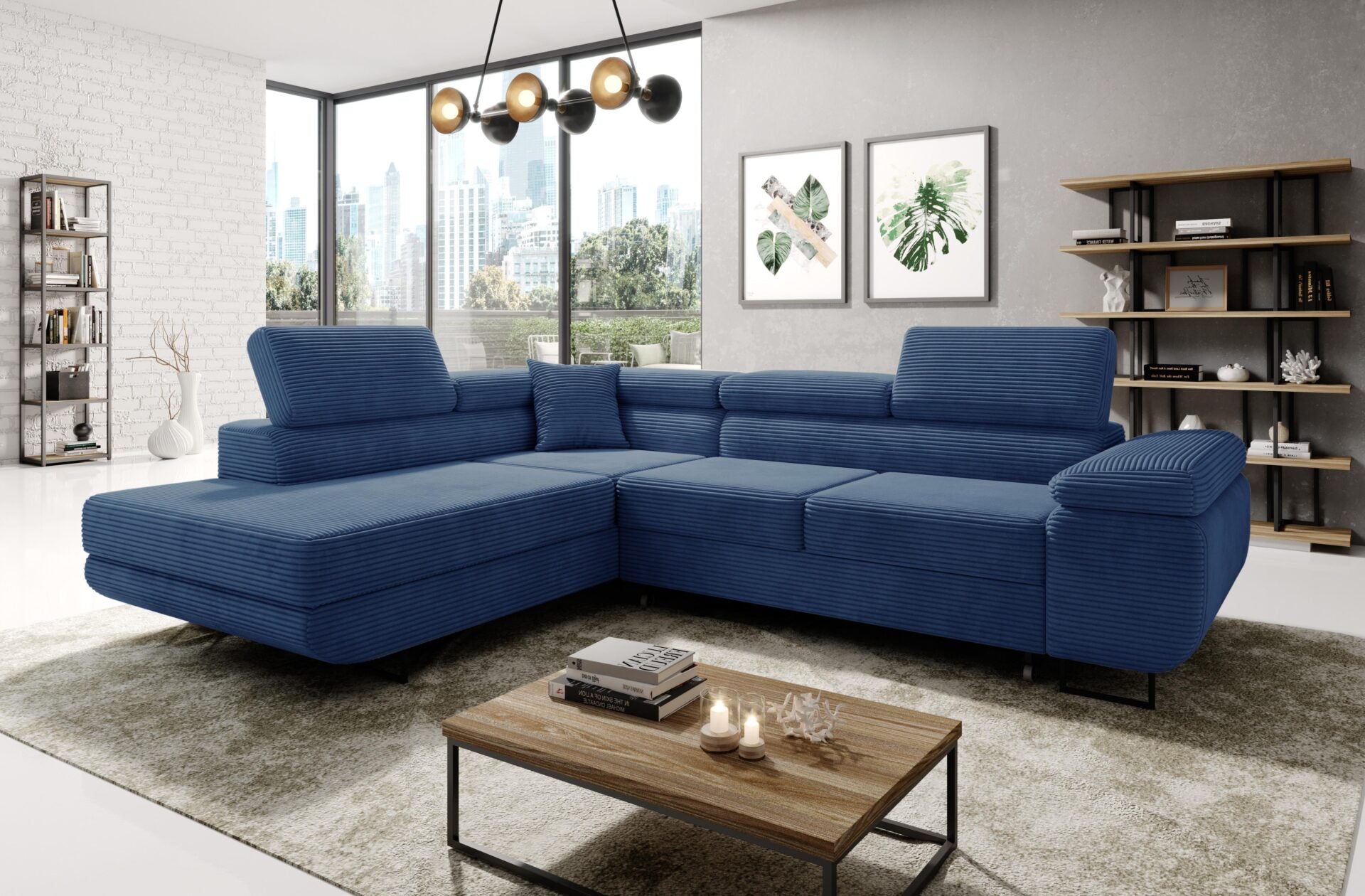 ASTROP Corner Sofa Bed in blue corduroy upholstery in modern living room.