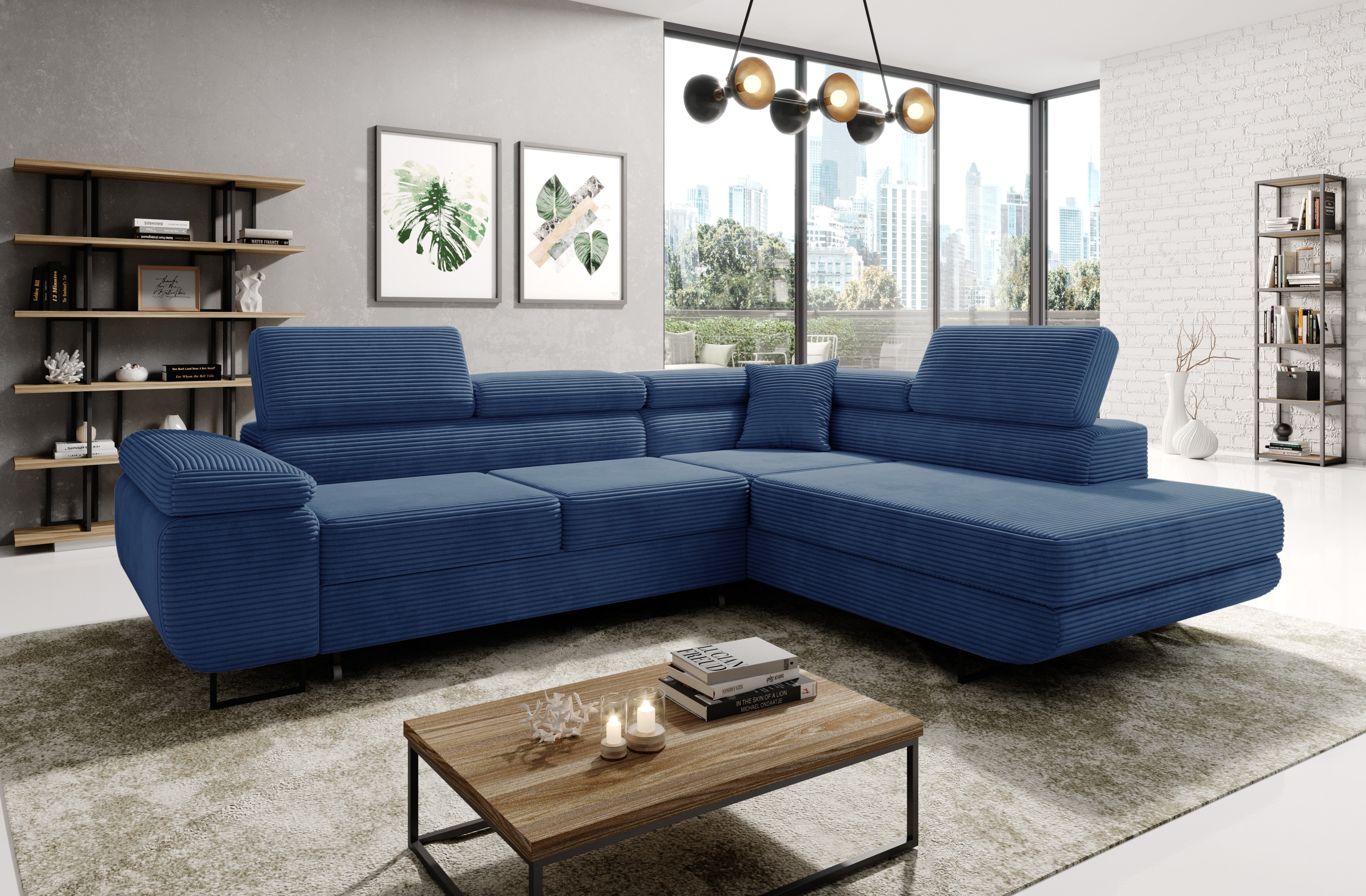 Stylish ASTROP Corner Sofa Bed in blue corduroy upholstery.