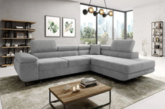 ASTORP Corner Sofa Bed in modern living room setting, plush gray fabric, and stylish design.