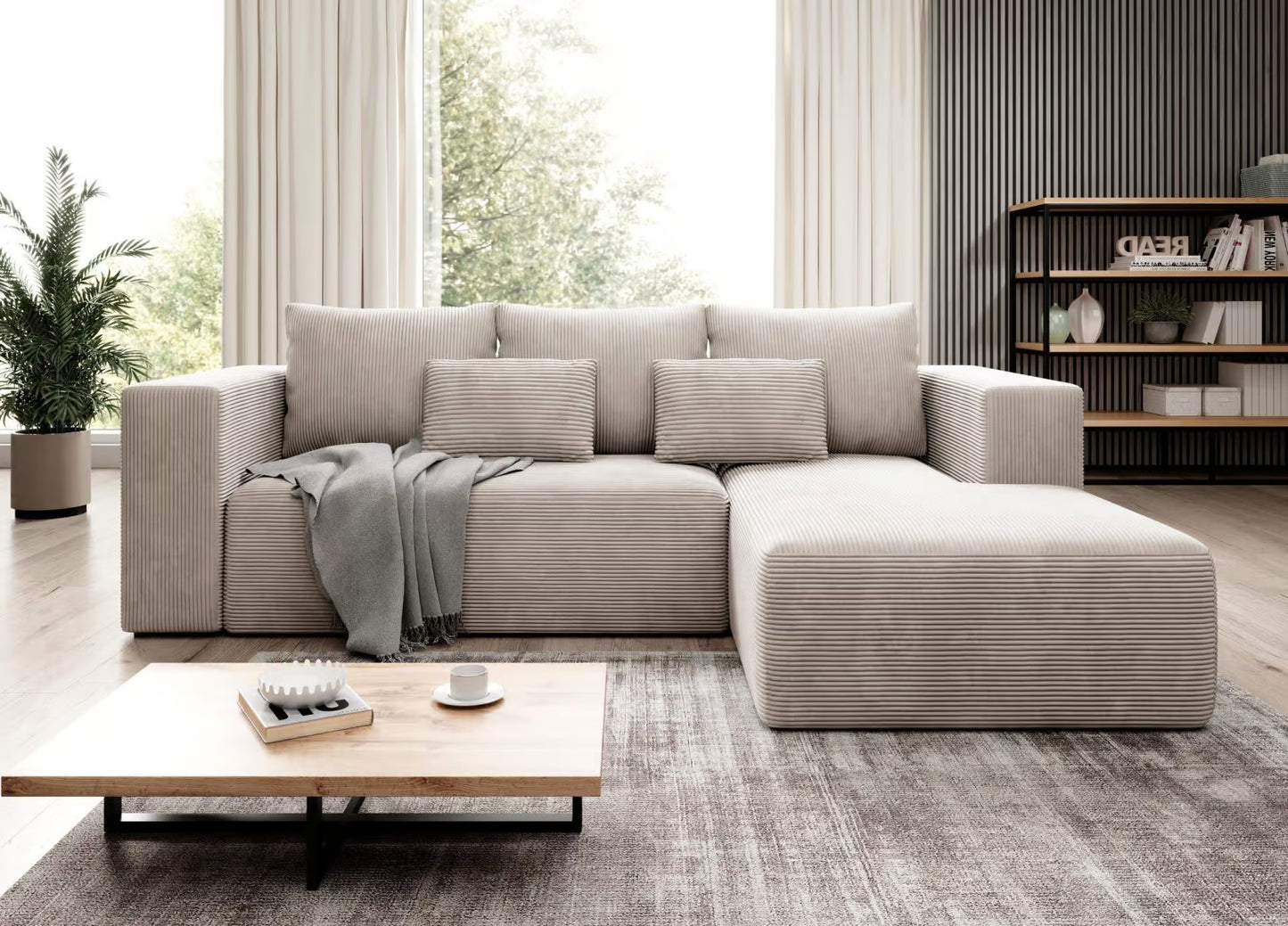 STRIPES Corner Sofa Bed in beige corduroy with storage and modern design in living room setting