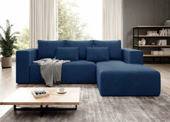 Modern blue STRIPES Corner Sofa Bed with corduroy upholstery and plush cushions in a stylish living room setting