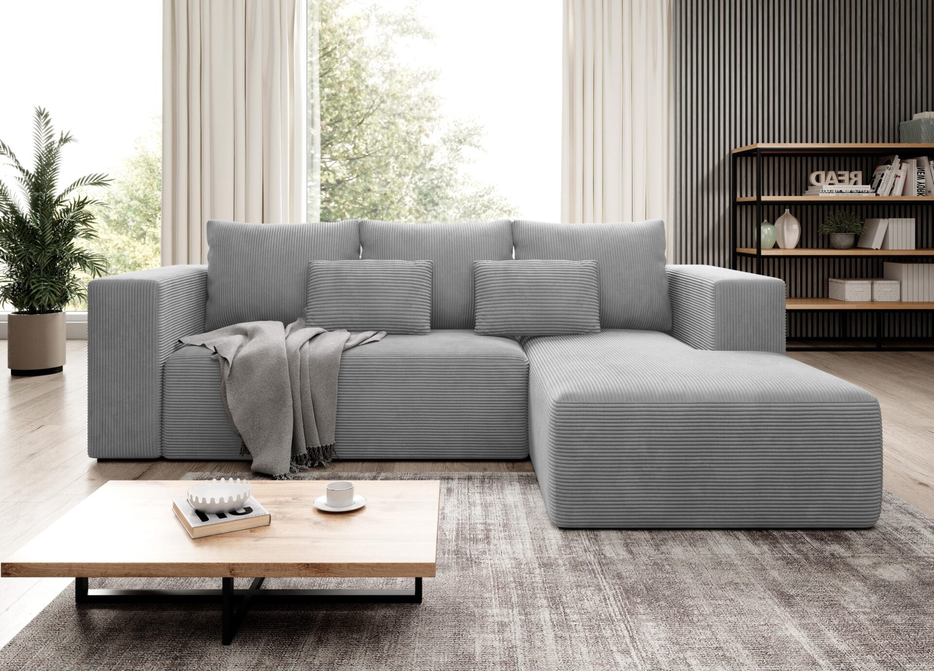 STRIPES Corner Sofa Bed in gray corduroy fabric with chaise lounge, modern living room setting.