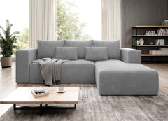 STRIPES Corner Sofa Bed in gray corduroy fabric with chaise lounge, modern living room setting.