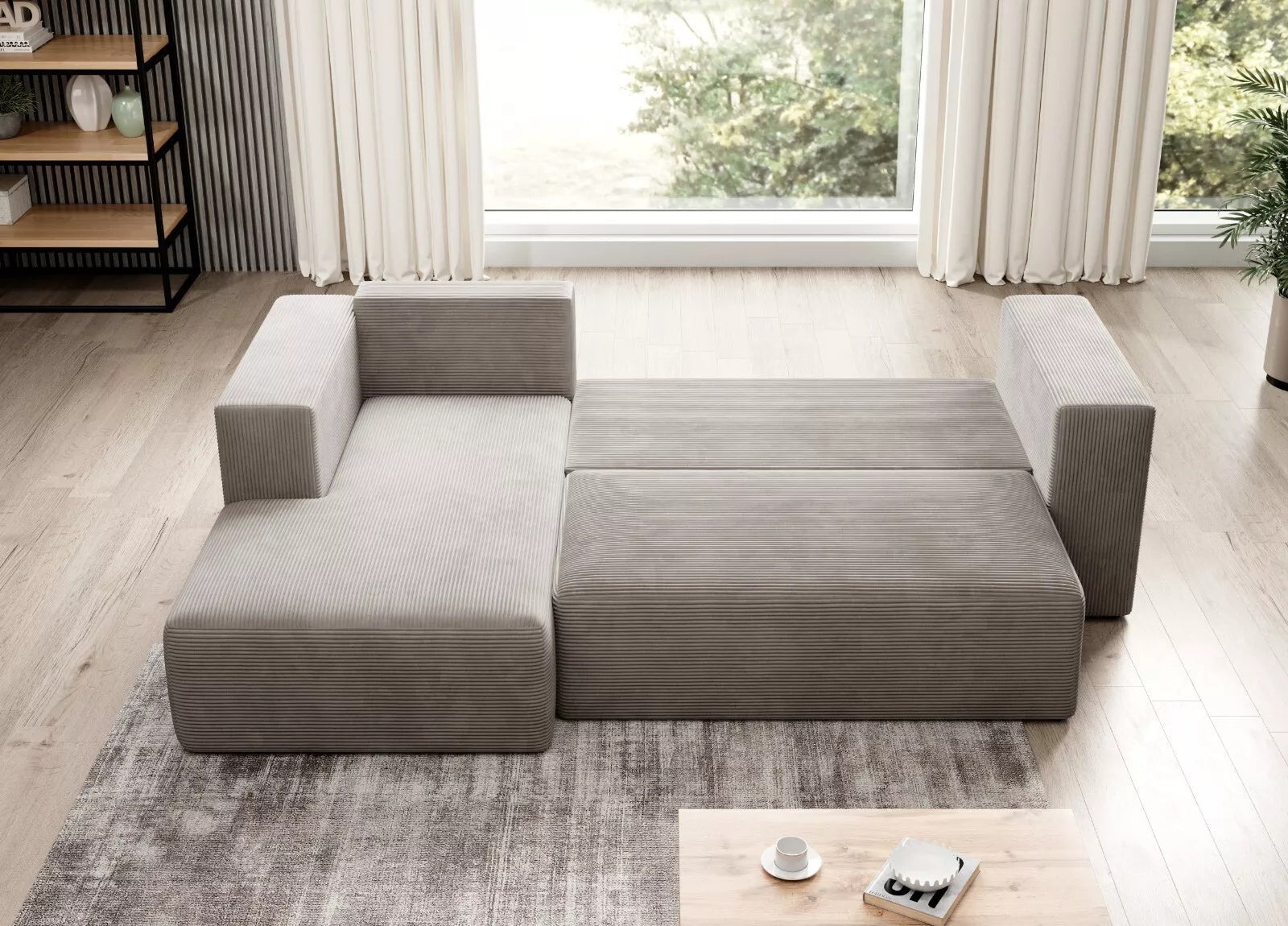 STRIPES Corner Sofa Bed in modern grey corduroy fabric with storage, unfolded as a spacious bed in a contemporary living room setting