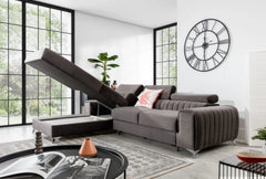Grayson Corner sofa bed with adjustable headrests, showcasing luxury and functionality in a modern living room.