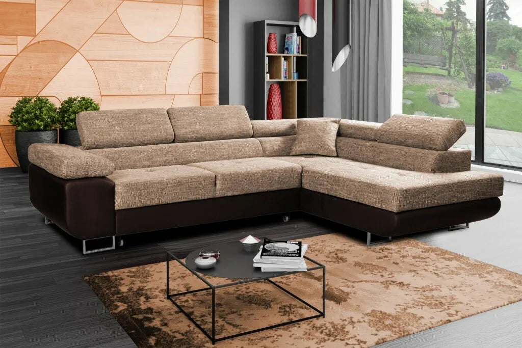 ASTON Corner Sofa Bed in a modern living room setting with adjustable headrests and hydrophobic fabric.
