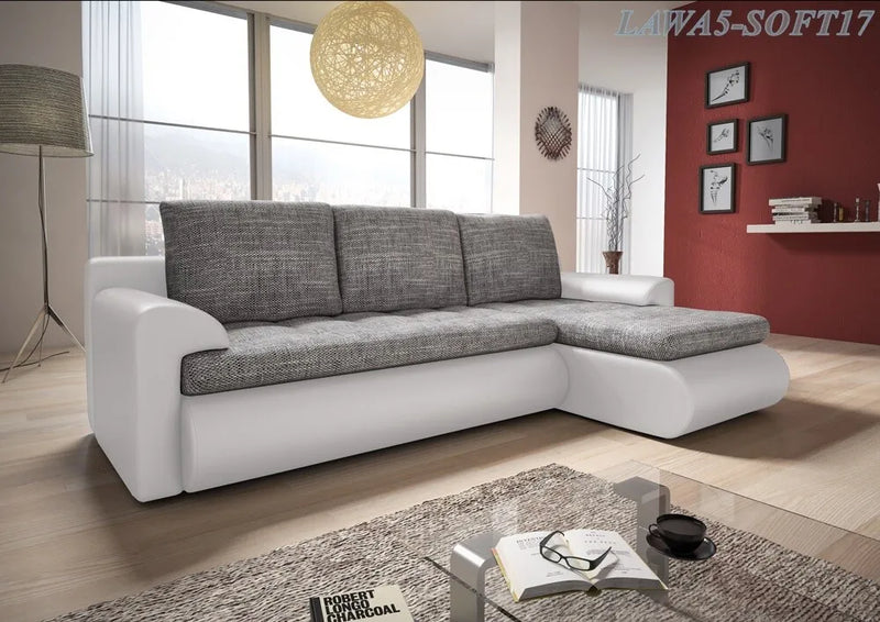TOKYO Corner Sofa Bed in modern living room with chic chrome legs and soft, durable upholstery.