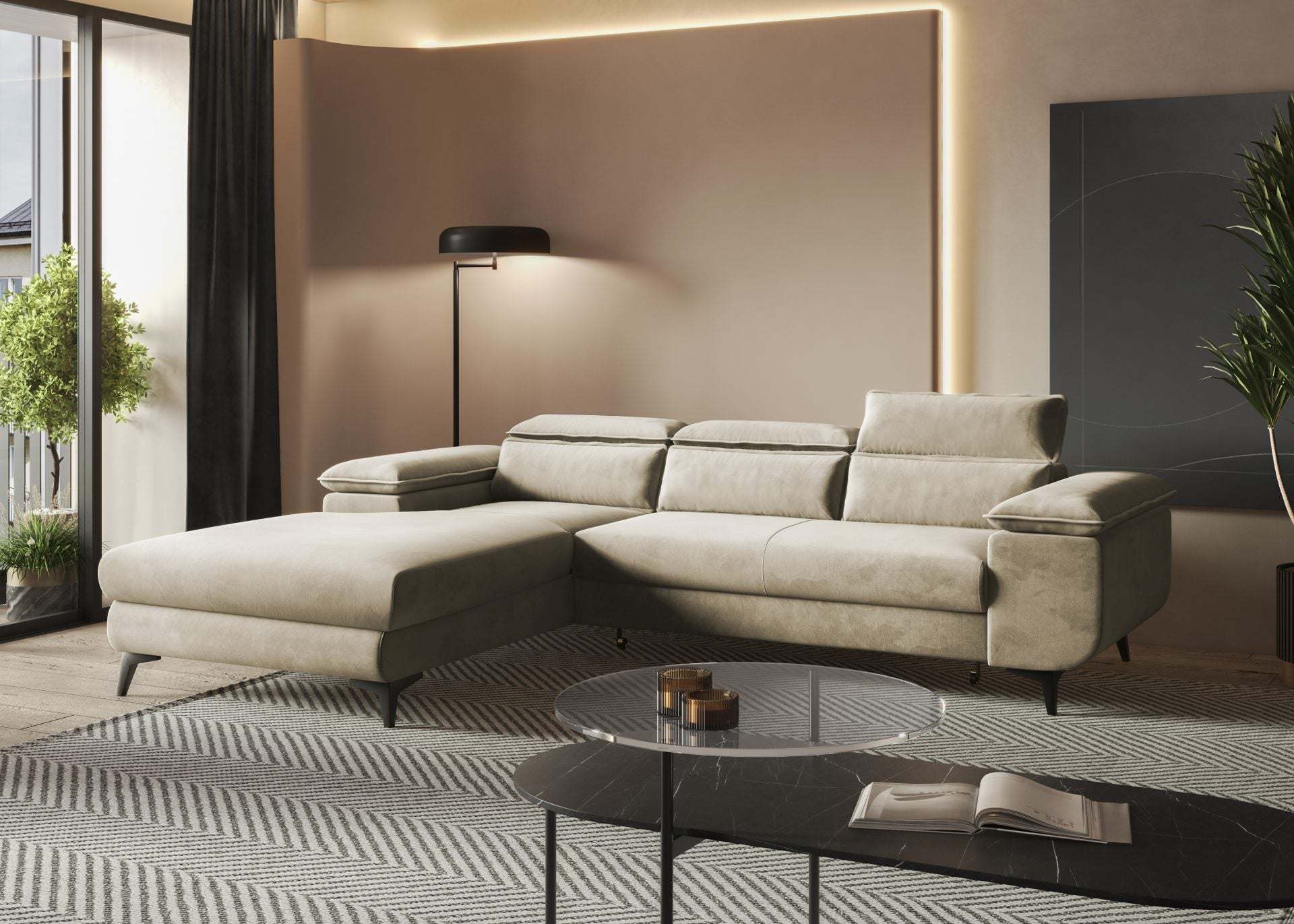 FLAT corner sofa bed with inclined armrest and adjustable headrests in a modern living room setting.